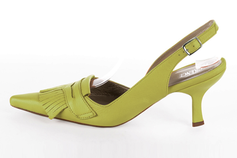 Pistachio green women's slingback shoes. Pointed toe. High spool heels. Profile view - Florence KOOIJMAN